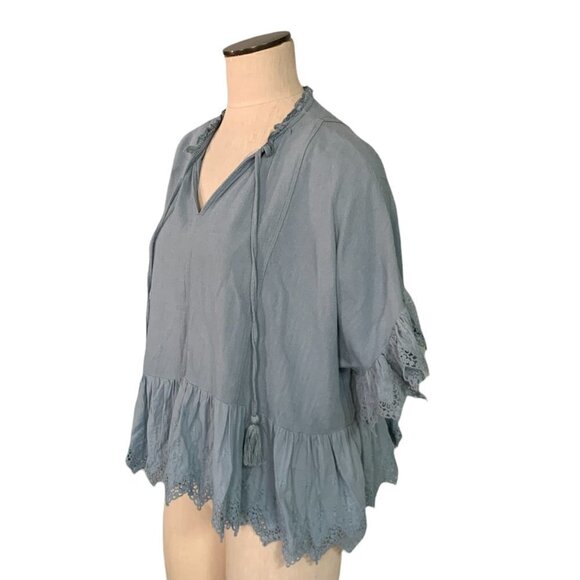 Umgee Linen Blend Top Boxy Ruffle Sleeve & Hem M Blue #19628 - Picture 7 of 11
